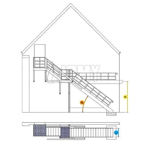 Counterbalanced stair with prolonged stringers - measurements Counterbalanced stair with prolonged stringers - key measurements.